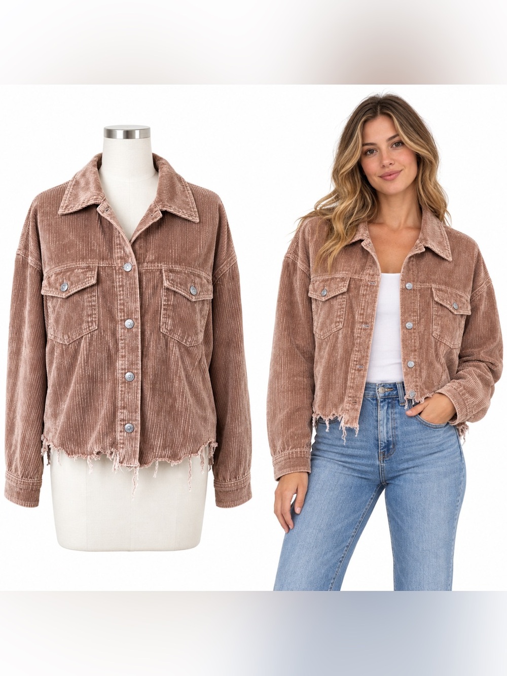 POL Dusty Rose Corduroy Raw Hem Shacket Jacket L
